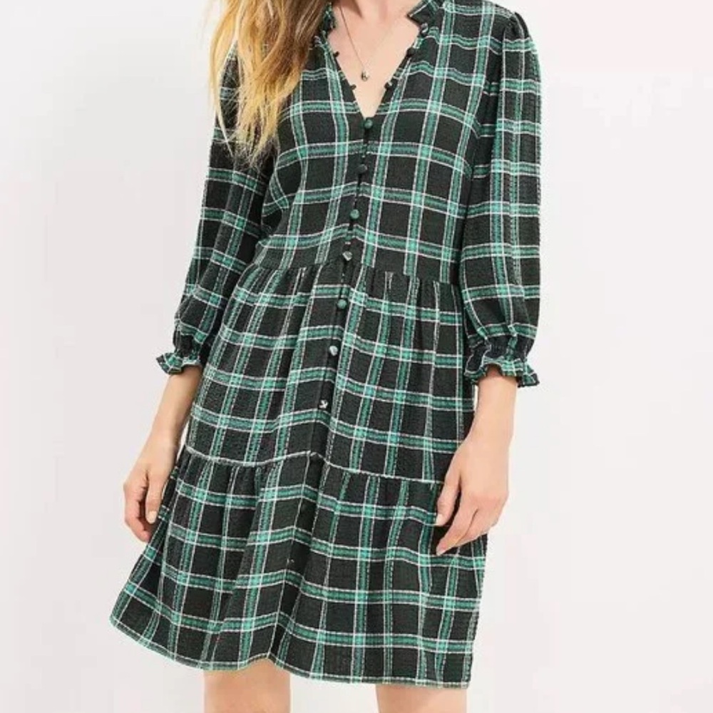 LOFT Green Plaid Button Front Mini Dress Size Small Ruffle Sleeve Cottagecore